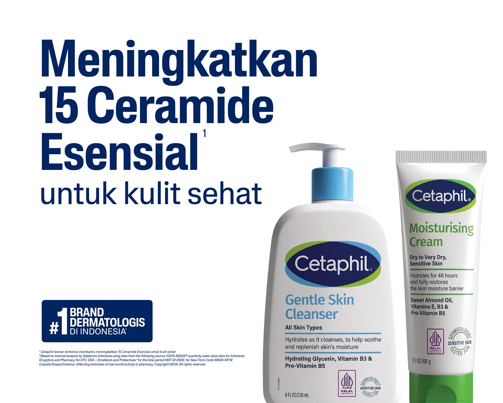 Cetaphil campaign: meningkatkan 15 ceramide esensial untuk kulit sehat, featuring Gentle Skin Cleanser and Moisturising Cream.